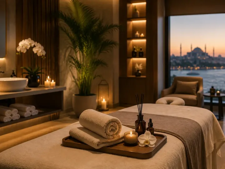 Masaj öncesi hazırlanmış havlu ve aromatik yağlar